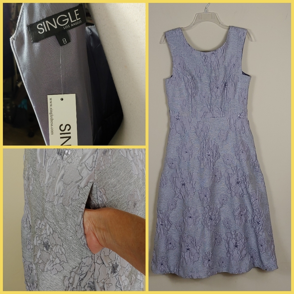 Single fit flare cocktail dress Grey with Silver Metallic Lined Scoop Neck Sz 8